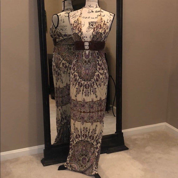 Sky Maxi Dress with Deep-V/Braided Leather Belt - Picture 1 of 5